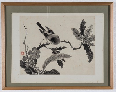Lot 1026 - A CHINESE ORIGINAL PRINT OF A BIRD ON A BRANCH, 20TH CENTURY