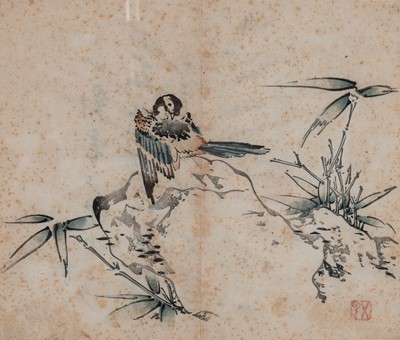 Lot 998 - A CHINESE ORIGINAL PRINT OF A BIRD ON A ROCK, 19TH CENTURY