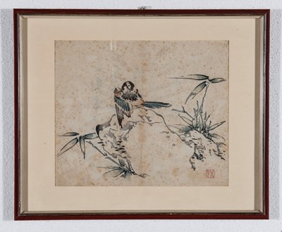 Lot 998 - A CHINESE ORIGINAL PRINT OF A BIRD ON A ROCK, 19TH CENTURY