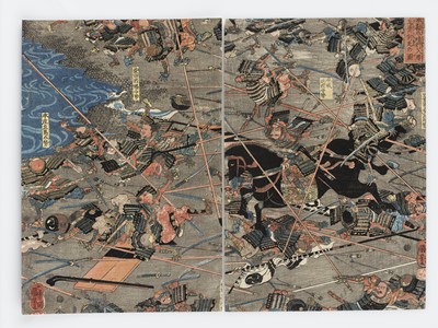 Lot 490 - UTAGAWA KUNIYOSHI: A JAPANESE COLOR WOODBLOCK PRINT DIPTYCH OF A BATTLE