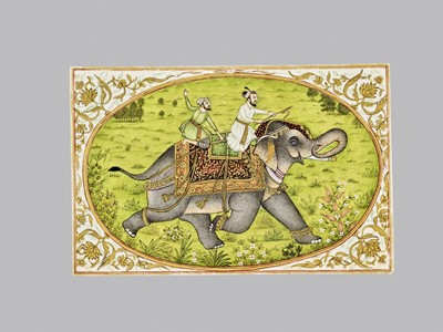 Lot 1223 - AN INDIAN IVORY ‘MAHARAJA RIDING AN ELEPHANT’ MINIATURE PAINTING, 19TH CENTURY