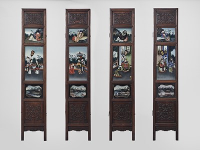 Lot 344 - A HARDWOOD AND REVERSE GLASS PAINTED FOUR-PANEL SCREEN, QING