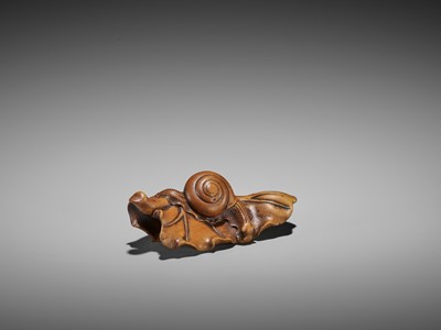 Lot 445 - SEIYODO TOMIHARU: A RARE WOOD NETSUKE OF A SNAIL ON A TARO LEAF