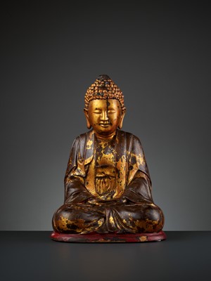 Lot 782 - A MASSIVE GILT-LACQUERED WOOD FIGURE OF BUDDHA, 17TH-18TH CENTURY