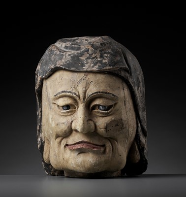 Lot 495 - A LARGE PAINTED WOOD HEAD OF A LUOHAN WITH EYES OF BANDED AGATE, LATE SONG TO MID-MING