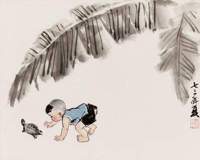 Lot 667 - ‘BOY AND TORTOISE UNDER BANANA LEAF’, BY ZHOU SICONG (1939-1996)