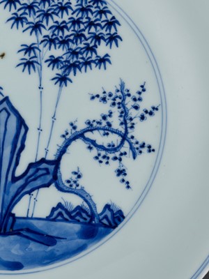 Lot 193 - A BLUE AND WHITE ‘THREE FRIENDS OF WINTER’ DISH, KANGXI