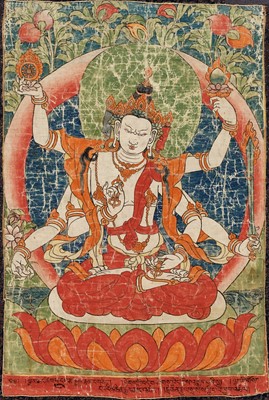 Lot 581 - AN INSCRIBED THANGKA OF VAJRASATTVA, 18TH- EARLY 19TH CENTURY