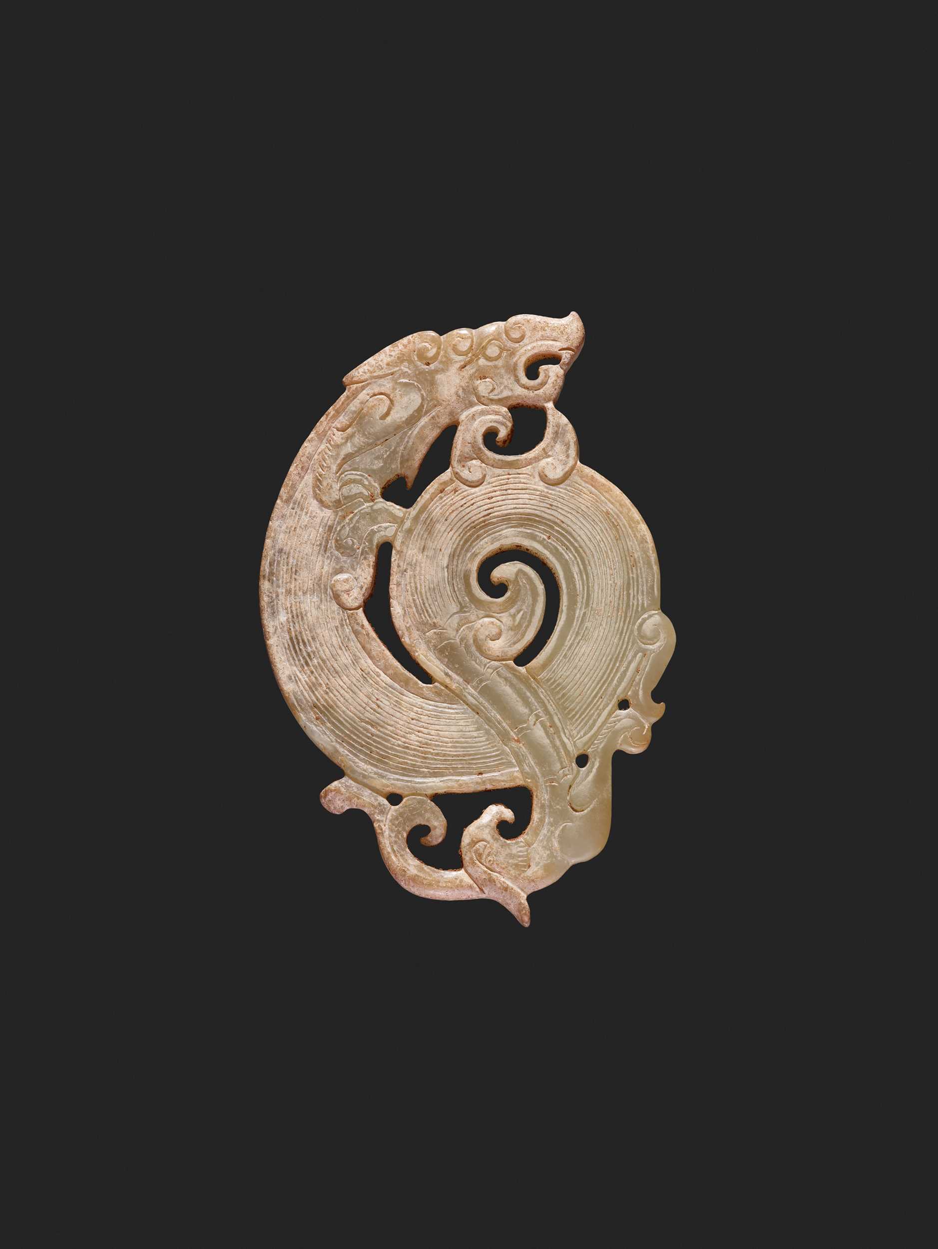 Lot 241 - A WELL-DETAILED CARVING OF A DRAGON AND A PHOENIX IN PALE GREEN JADE