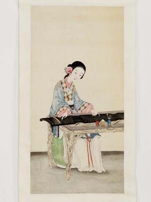 Lot 638 - ‘A LADY PLAYING THE QIN’, IMPERIAL SCHOOL, QING DYNASTY