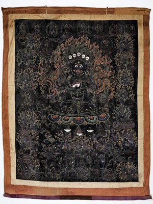 Lot 587 - A VERY LARGE BLACK-GROUND THANGKA OF PANJARNATA MAHAKALA, 18TH CENTURY