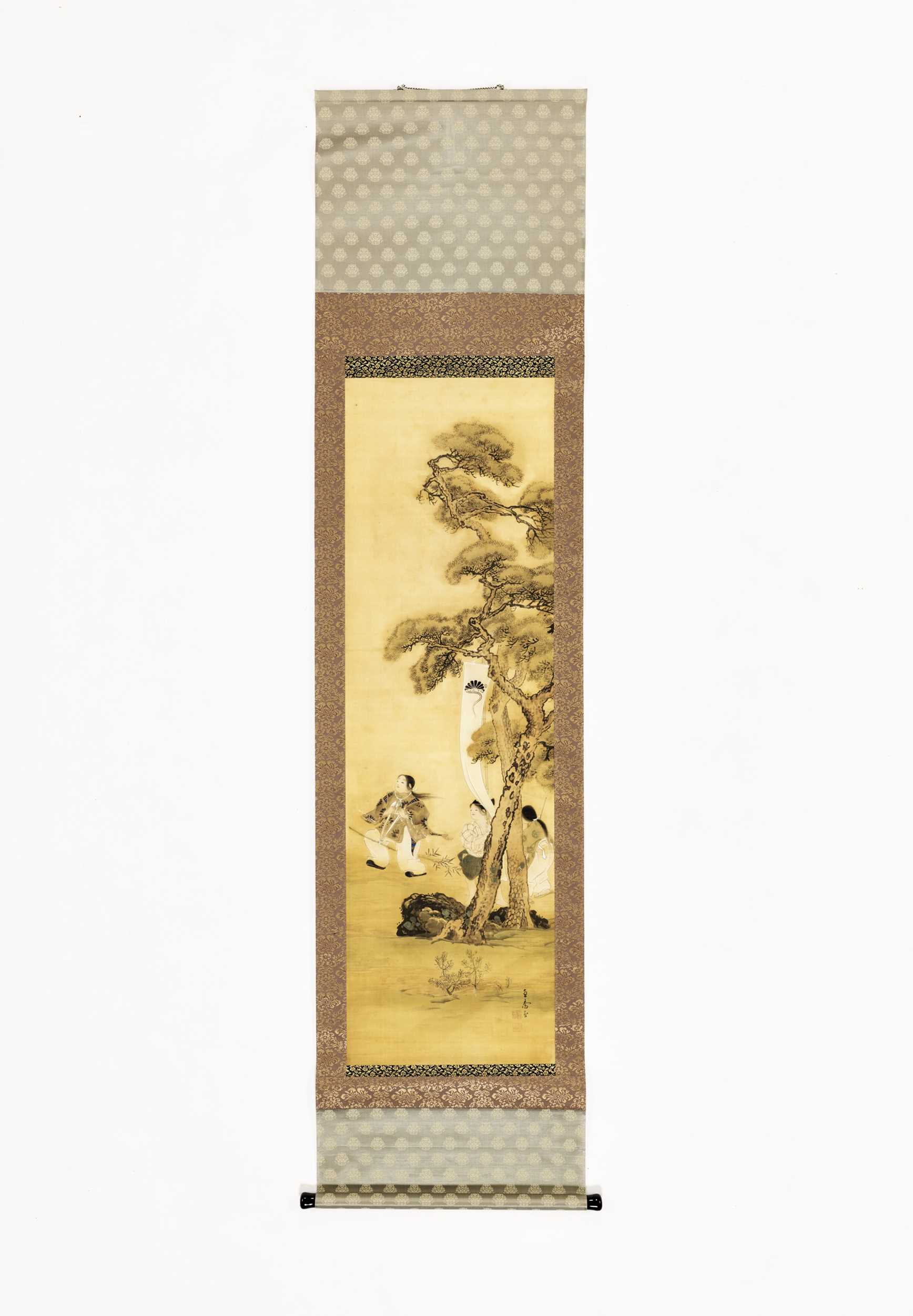 Lot 565 - UENAKA CHOKUSAI: A SCROLL PAINTING OF THREE GIRLS PLAYING UNDER PINE TREES