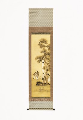 Lot 565 - UENAKA CHOKUSAI: A SCROLL PAINTING OF THREE GIRLS PLAYING UNDER PINE TREES