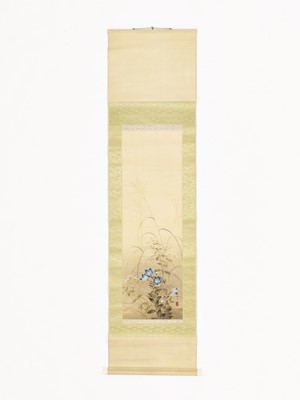 Lot 566 - KENSEI: A SCROLL PAINTING OF BLUE ORCHIDS