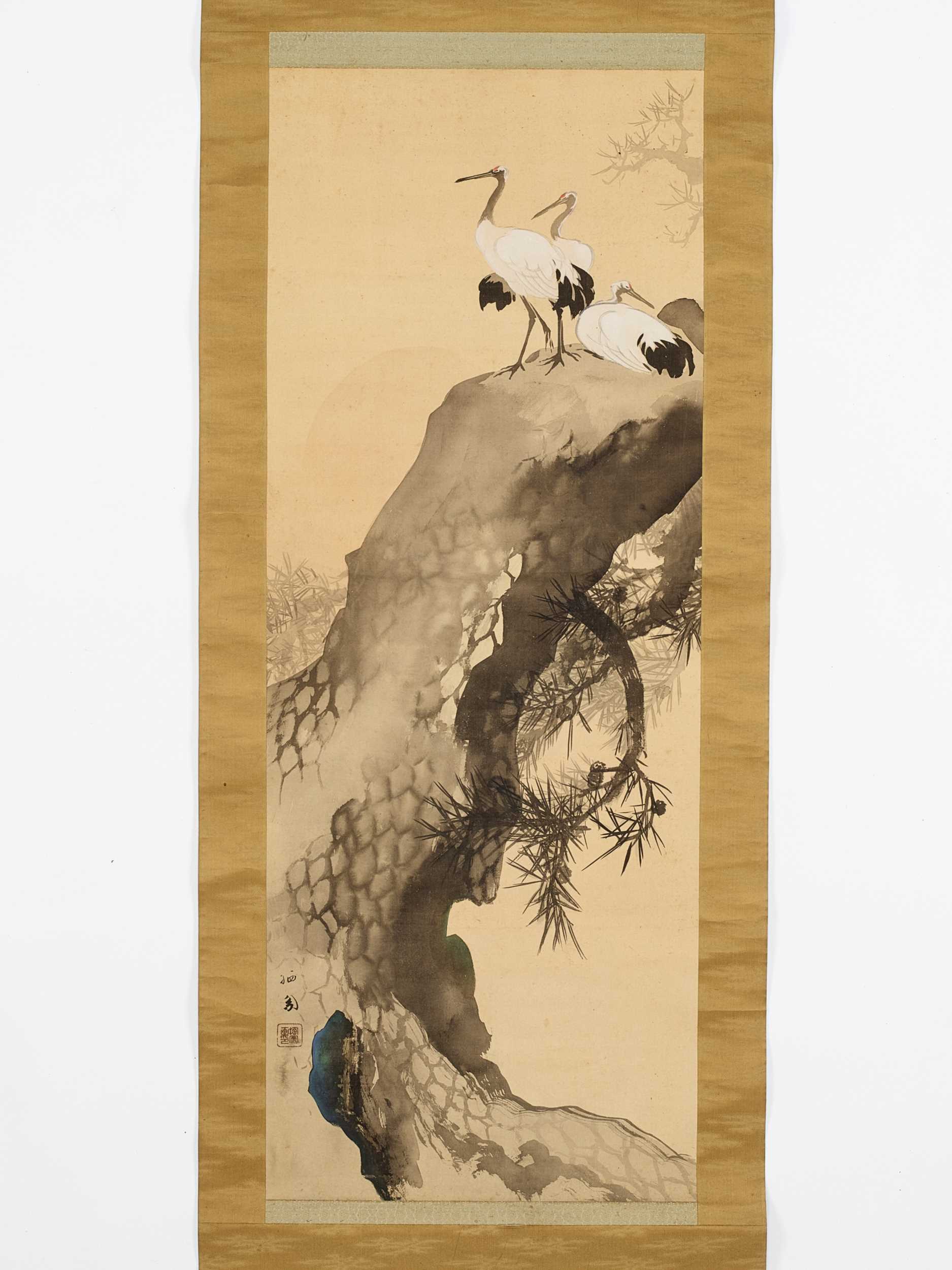 Lot 270 - TAKEUCHI SEIHO: A SCROLL PAINTING OF THREE CRANES WITH PINE