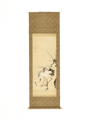 Lot 568 - A KANO SCHOOL SCROLL PAINTING OF TWO CRANES AND CHERRY BLOSSOMS