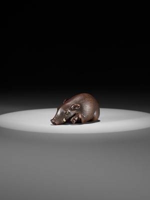 Lot 144 - RANJO: A SUPERB AND RARE WOOD NETSUKE OF A RECUMBENT BOAR