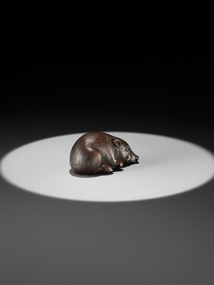 Lot 144 - RANJO: A SUPERB AND RARE WOOD NETSUKE OF A RECUMBENT BOAR