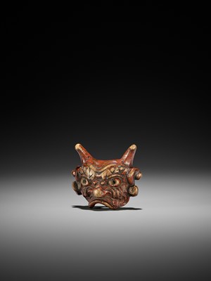 Lot 254 - AN UNUSUAL LACQUERED WOOD MASK NETSUKE OF AN ONI