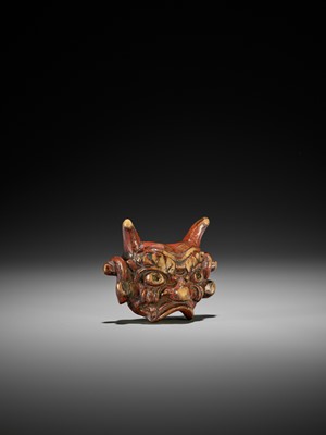 Lot 254 - AN UNUSUAL LACQUERED WOOD MASK NETSUKE OF AN ONI