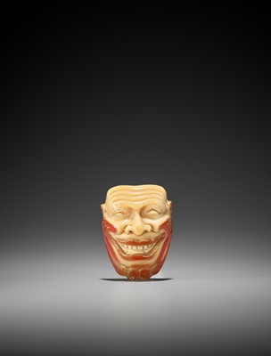 Lot 269 - A RARE HORNBILL IVORY MASK NETSUKE OF A LAUGHING RED-BEARDED FOREIGNER