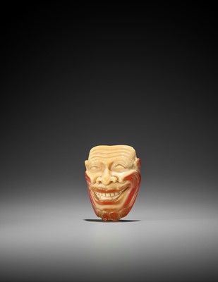 Lot 269 - A RARE HORNBILL IVORY MASK NETSUKE OF A LAUGHING RED-BEARDED FOREIGNER