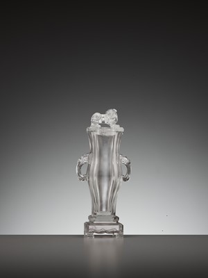 Lot 38 - A RARE ROCK CRYSTAL PARFUMIÈRE WITH A ‘BUDDHIST LION’ FINIAL, QIANLONG PERIOD