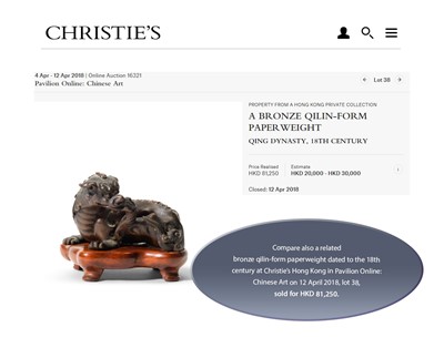 Lot 356 - A BRONZE ‘BIXIE’ WEIGHT, LATE MING TO EARLY QING