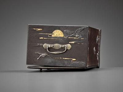 AN EXCEPTIONALLY RARE INLAID IRON MINIATURE KODANSU (CABINET) WITH TURTLES AND CRANES