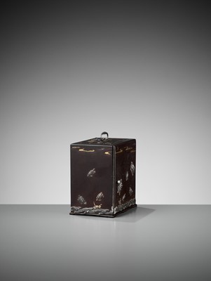 Lot 10 - AN EXCEPTIONALLY RARE INLAID IRON MINIATURE KODANSU (CABINET) WITH TURTLES AND CRANES