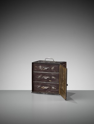 Lot 10 - AN EXCEPTIONALLY RARE INLAID IRON MINIATURE KODANSU (CABINET) WITH TURTLES AND CRANES