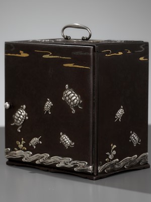 Lot 47 - AN EXCEPTIONALLY RARE INLAID IRON MINIATURE KODANSU (CABINET) WITH TURTLES AND CRANES