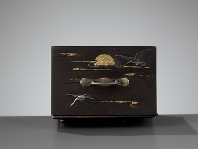 Lot 47 - AN EXCEPTIONALLY RARE INLAID IRON MINIATURE KODANSU (CABINET) WITH TURTLES AND CRANES
