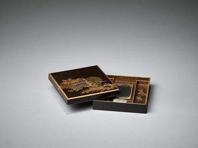 Lot 104 - A LACQUER SUZURIBAKO WITH FISH WRAPPED IN LOTUS LEAF