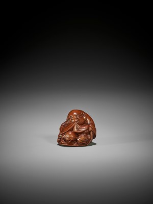 Lot 153 - OTOMAN: A MASTERFUL WOOD NETSUKE OF HOTEI WITH TWO CHILDREN
