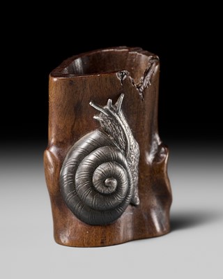 Lot 341 - YASUCHIKA: A FINE WOOD AND MIXED METAL NETSUKE OF A SNAIL ON A TREE BRANCH