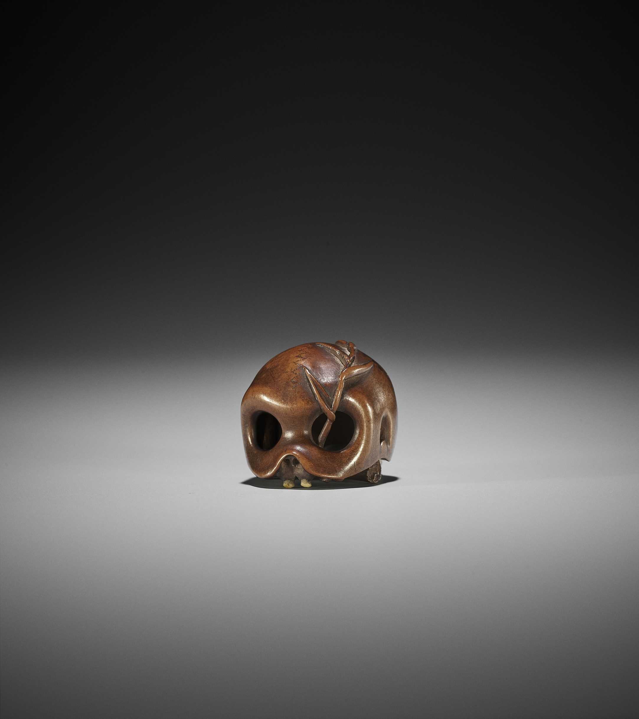 Lot 129 - A FINE WOOD NETSUKE OF A SKULL WITH BAMBOO SHOOT