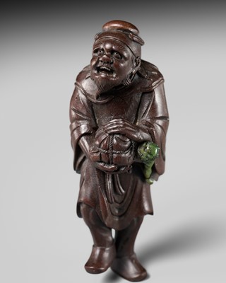 Lot 278 - KOMIN: A SUPERB INLAID WOOD NETSUKE OF SHOKI AND ONI