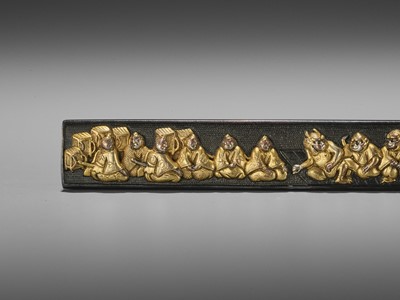 Lot 44 - A GOLD AND SILVER-INLAID GOTO SCHOOL SHAKUDO KOZUKA WITH RAIKO AND HIS MEN IN DISGUISE WITH SHUTEN DOJI AND ATTENDANT OGRES