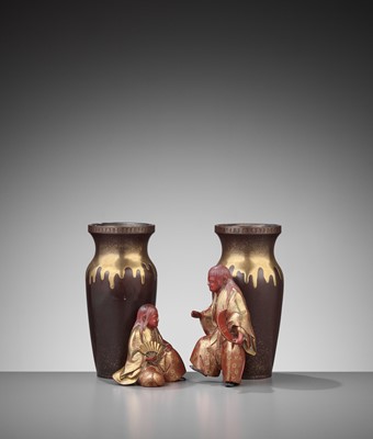 Lot 398 - A FINE PAIR OF LACQUER VASES WITH SHOJO AND SAKE JARS