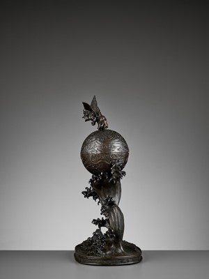 Lot 16 - A ‘TENGU AND DRAGON’ BRONZE SPHERE, WAFTING ON A MONUMENTAL WAVE