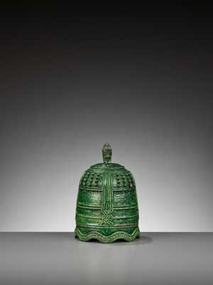 Lot 191 - A RARE EMERALD-GREEN GLAZED CERAMIC ‘BUDDHIST TEMPLE BELL’ CENSER AND COVER, MING DYNASTY