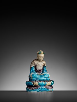 Lot 192 - A FAHUA-DECORATED BISCUIT FIGURE OF KSITIGARBHA, LATE MING DYNASTY