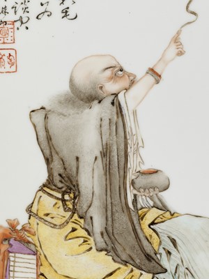 Lot 294 - A PORCELAIN PLAQUE OF XIANGLONG (TAMING DRAGON) LUOHAN, BY WANG QI (1884-1937)