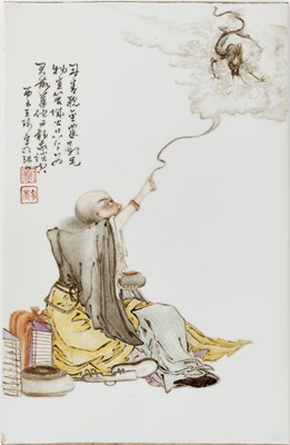 Lot 294 - A PORCELAIN PLAQUE OF XIANGLONG (TAMING DRAGON) LUOHAN, BY WANG QI (1884-1937)