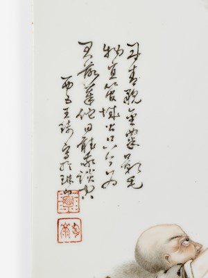 Lot 294 - A PORCELAIN PLAQUE OF XIANGLONG (TAMING DRAGON) LUOHAN, BY WANG QI (1884-1937)