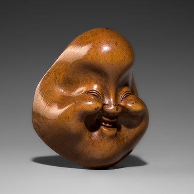 Lot 546 - GYOKUSEKI: A FINE WOOD MASK NETSUKE OF OKAME