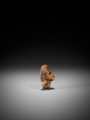 Lot 291 - KANO TESSAI: A LACQUERED WOOD MASK NETSUKE OF A KYOGEN MASK DEPICTING BUAKU