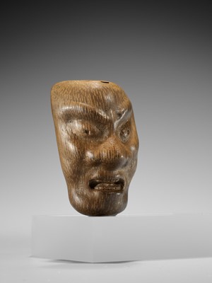 Lot 426 - YORIMITSU: A RARE AND UNUSUAL BAMBOO OMAI TYPE MASK NETSUKE