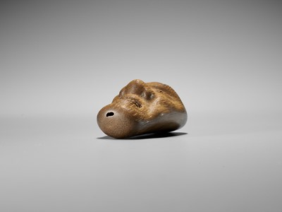 Lot 426 - YORIMITSU: A RARE AND UNUSUAL BAMBOO OMAI TYPE MASK NETSUKE